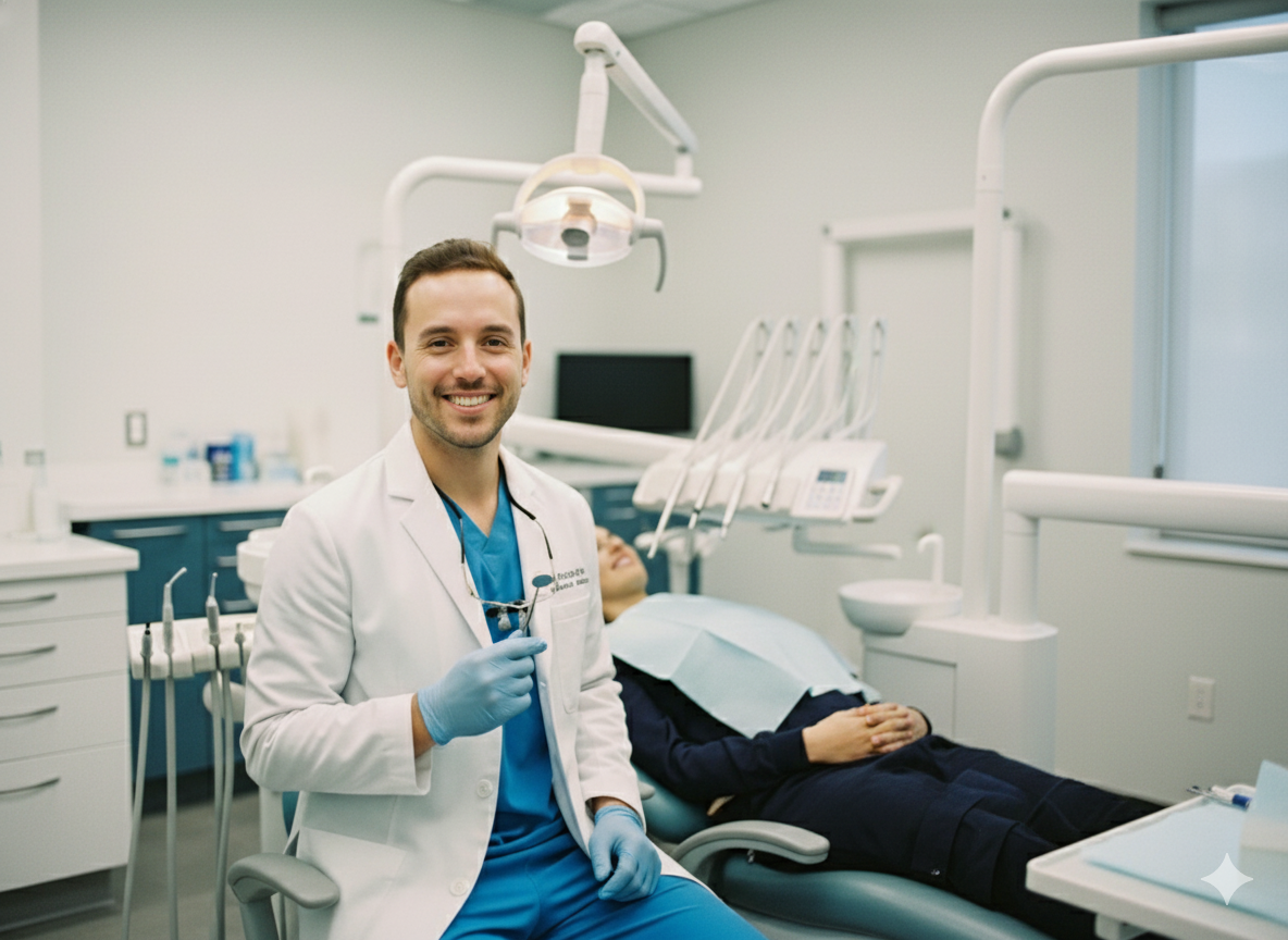 Dentista sonriente en el consultorio